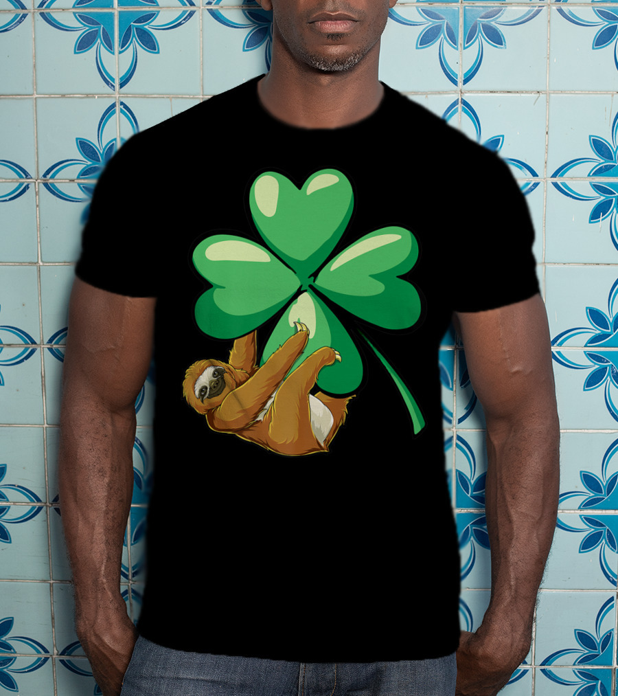 Sloth Hugging Shamrock St Patricks Day Women Girls Lucky Charm T-Shirt