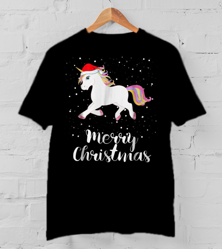 Merry Christmas Unicorn Santa Hat Family Group Matching T-Shirt