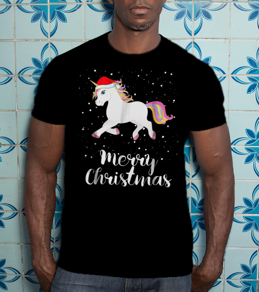 Merry Christmas Unicorn Santa Hat Family Group Matching T-Shirt