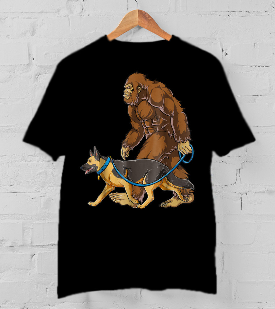 Bigfoot Sasquatch Walking German Shepherd Dog For Kids And Men T-Shirt