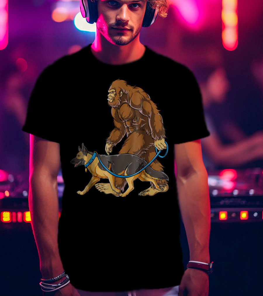 Bigfoot Sasquatch Walking German Shepherd Dog For Kids And Men T-Shirt