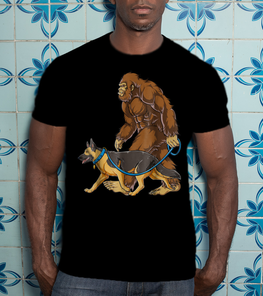 Bigfoot Sasquatch Walking German Shepherd Dog For Kids And Men T-Shirt