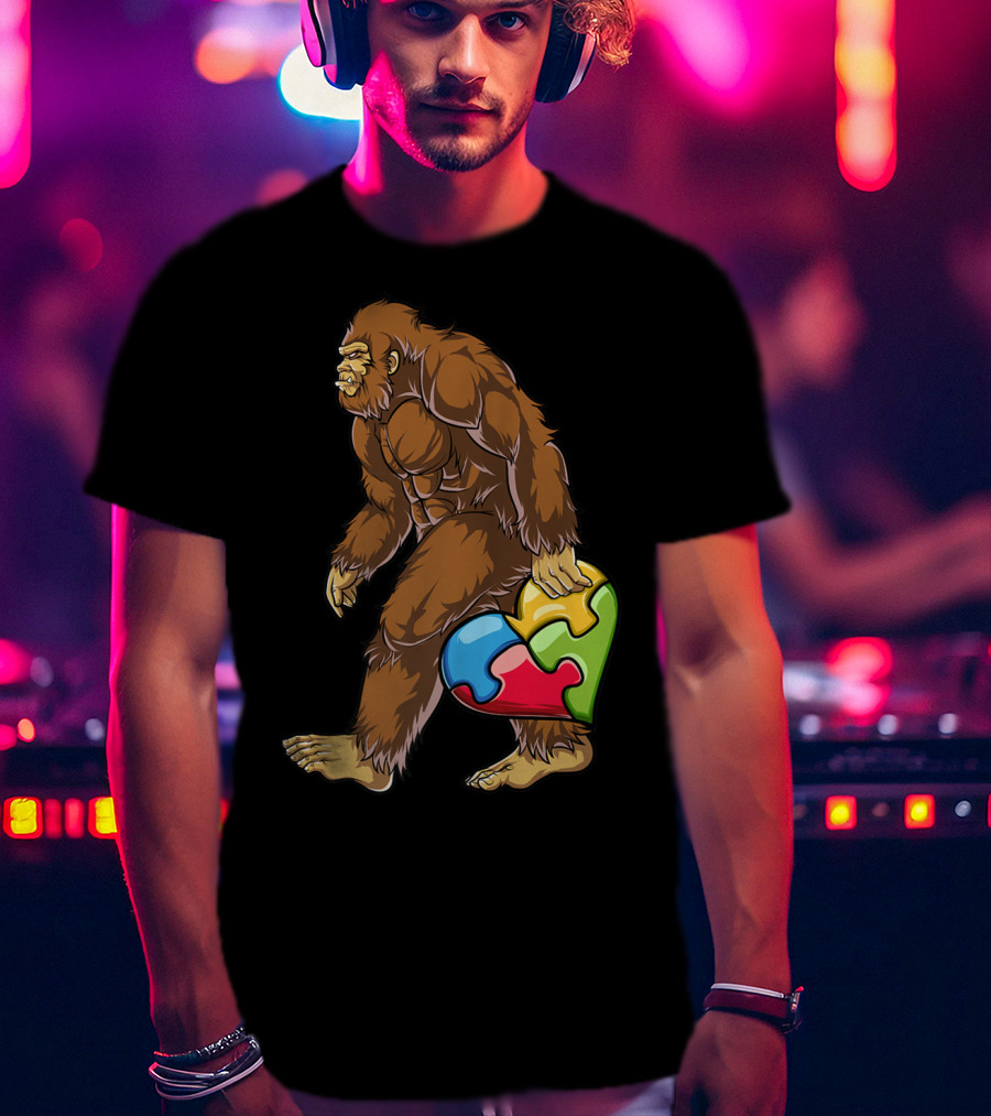 Bigfoot Holding Heart Puzzle Piece Autism Awareness Boys Men19 T-Shirt