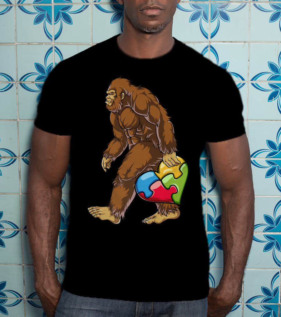 Bigfoot Holding Heart Puzzle Piece Autism Awareness Boys Men19 T-Shirt