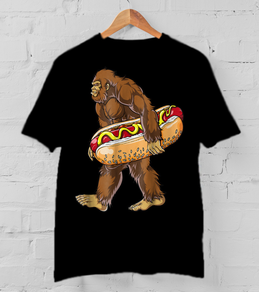 Bigfoot Carrying Giant Hotdog Sasquatch Food Lovers T-Shirt