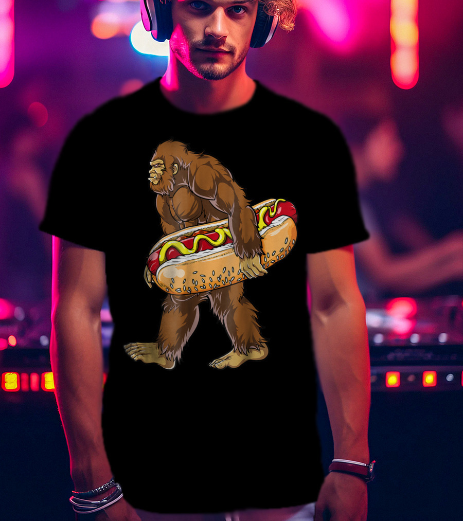 Bigfoot Carrying Giant Hotdog Sasquatch Food Lovers T-Shirt