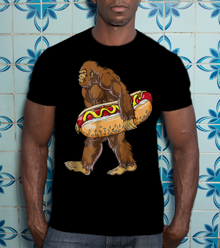 Bigfoot Carrying Giant Hotdog Sasquatch Food Lovers T-Shirt