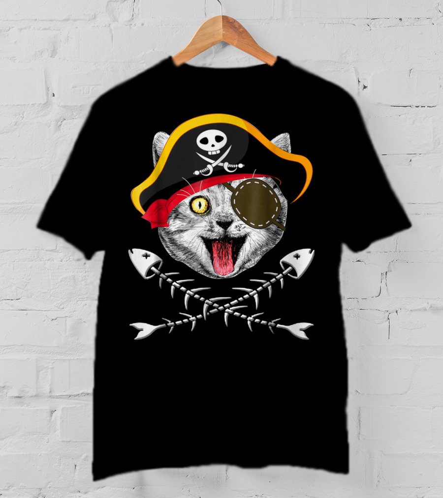 Cat Pirate Jolly Roger Flag Skull Crossbones Eyepatch Fishbones T-Shirt