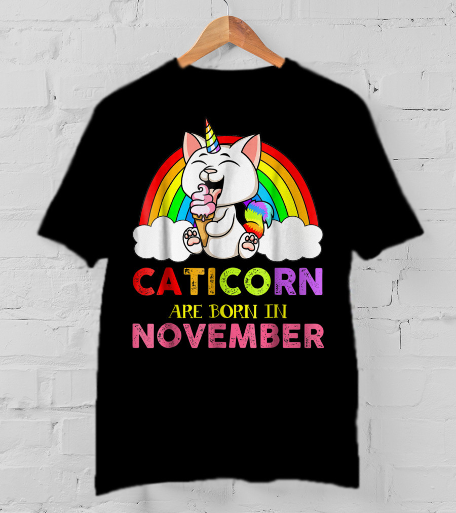 Caticorn Are Born In November Rainbow Ice Cream Cloud Cat Unicorn T-Shirt