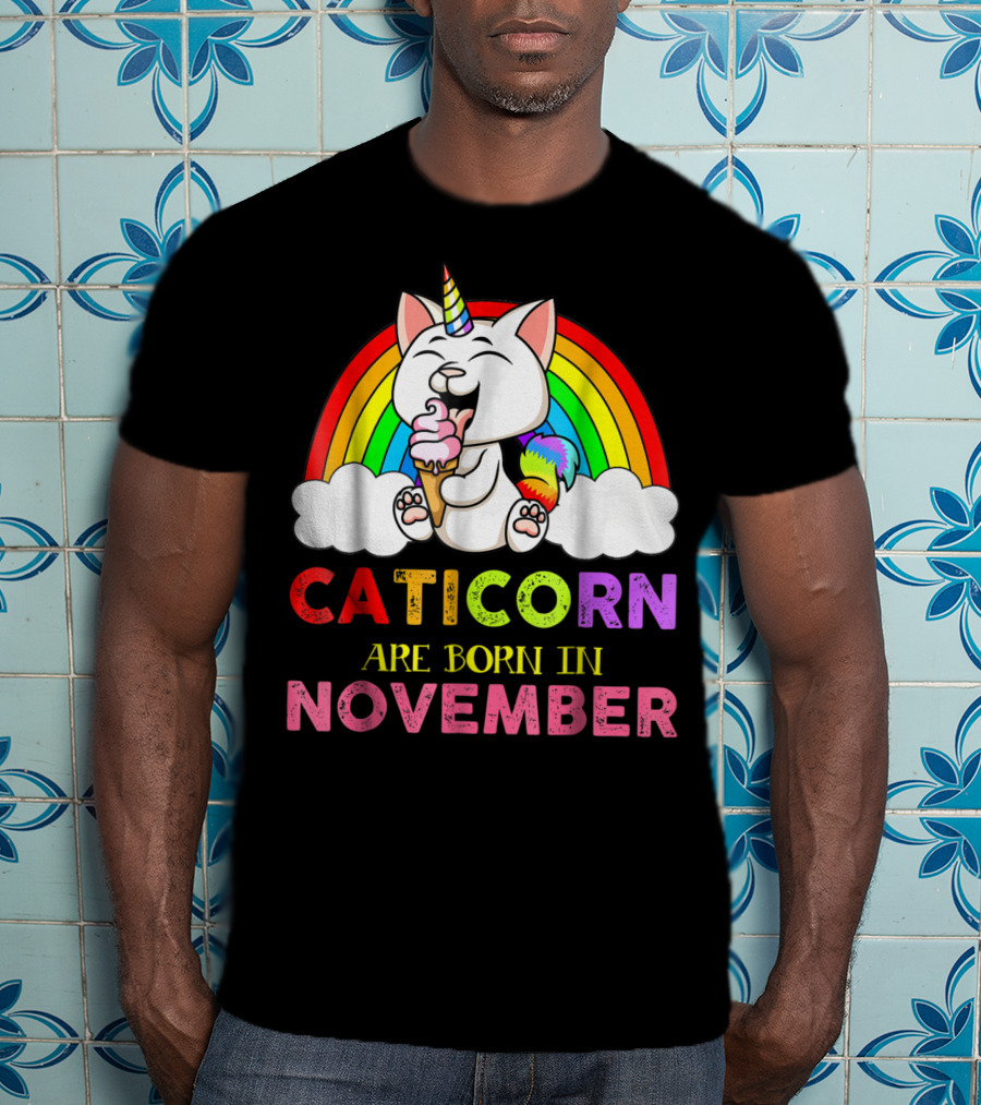 Caticorn Are Born In November Rainbow Ice Cream Cloud Cat Unicorn T-Shirt