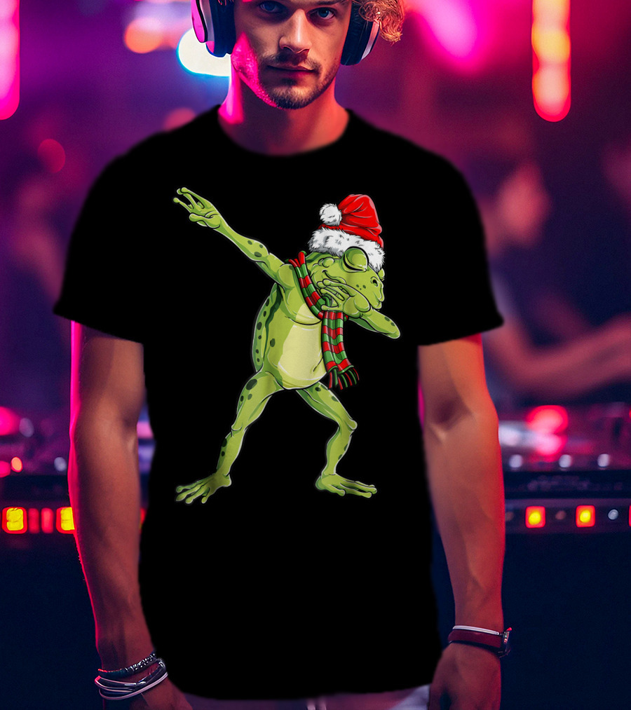 Christmas Dabbing Frog With Santa Hat And Scarf T-Shirt