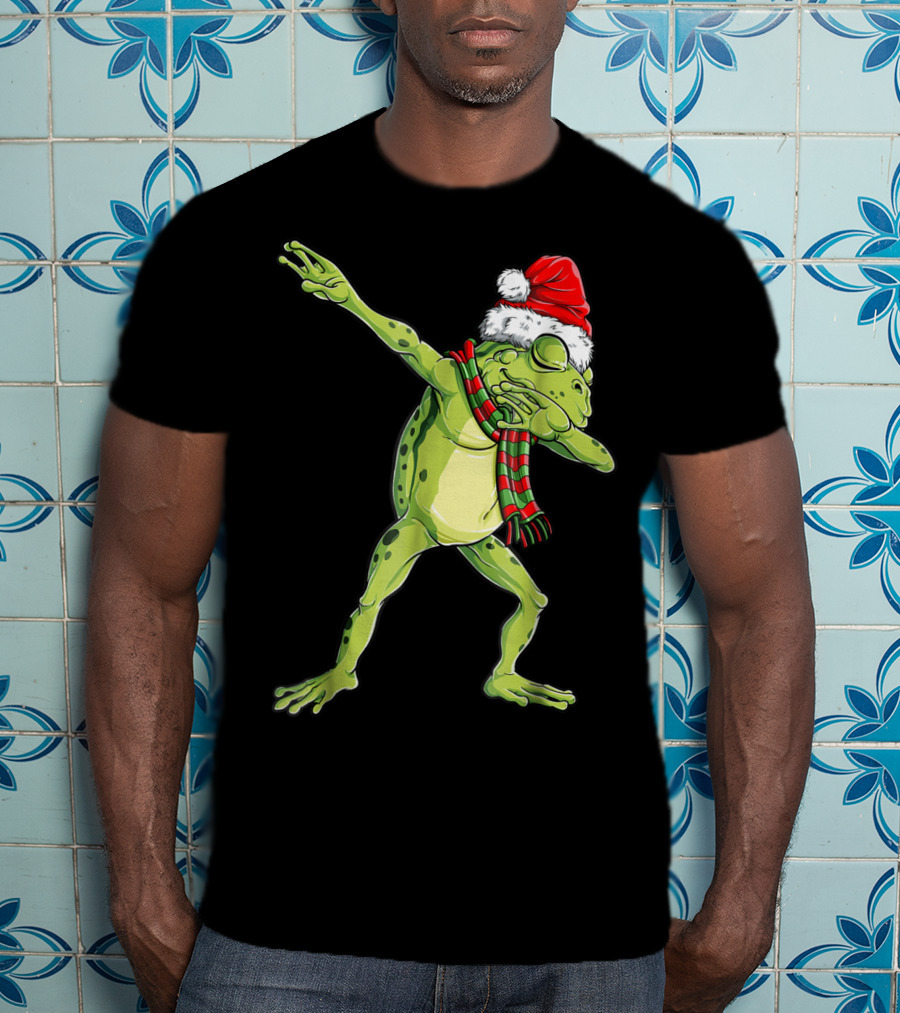 Christmas Dabbing Frog With Santa Hat And Scarf T-Shirt