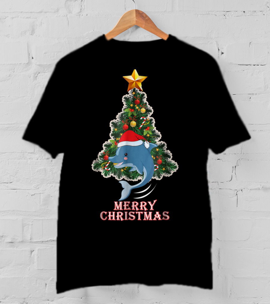 Merry Christmas Dolphin Tree With Santa Hat For Xmas T-Shirt
