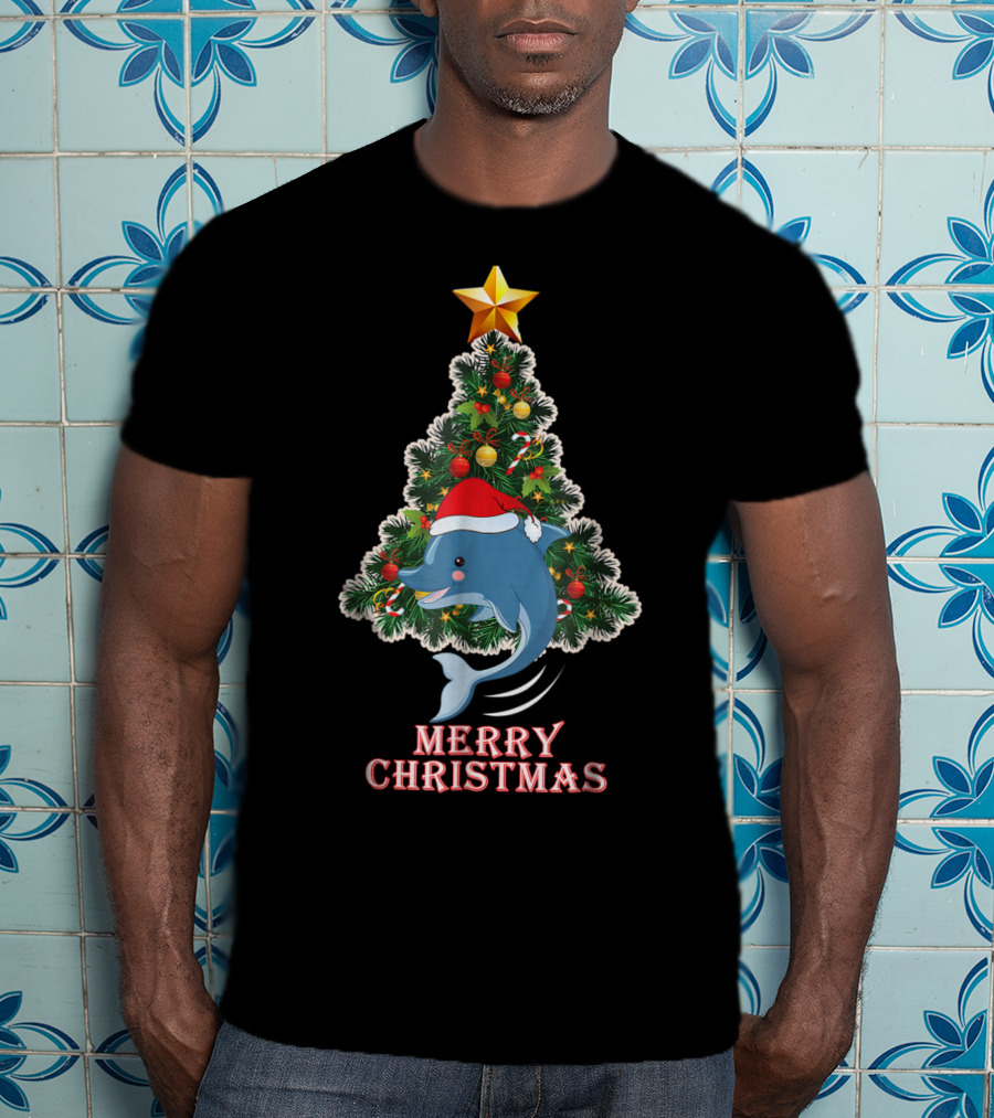 Merry Christmas Dolphin Tree With Santa Hat For Xmas T-Shirt