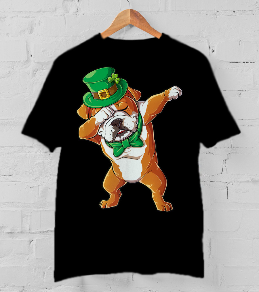Dabbing English Bulldog St Patricks Day Leprechaun Hat Bow Tie T-Shirt