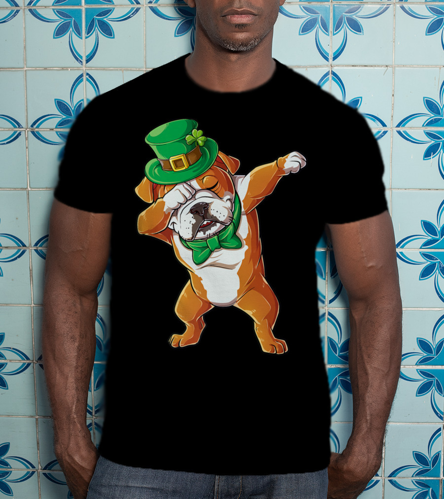 Dabbing English Bulldog St Patricks Day Leprechaun Hat Bow Tie T-Shirt