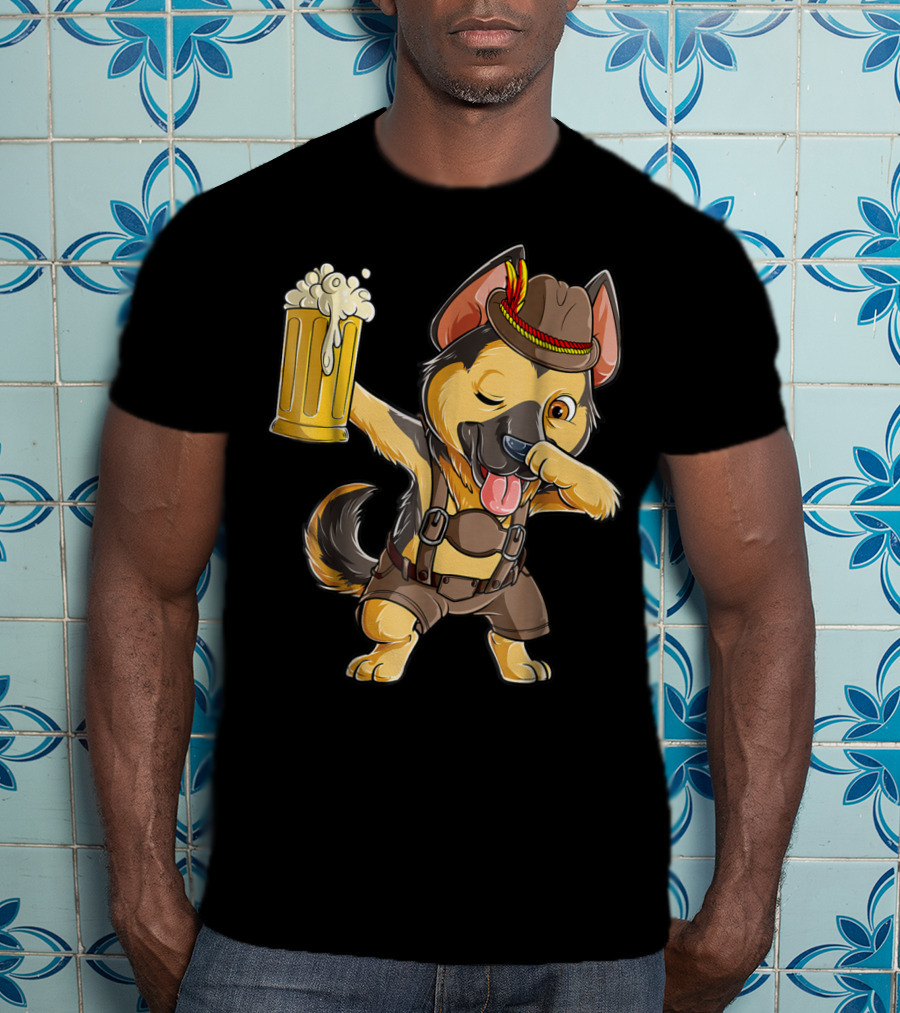 Dabbing German Shepherd Dab Men Prost Drinking Beer Oktoberfest Lederhosen T-Shirt