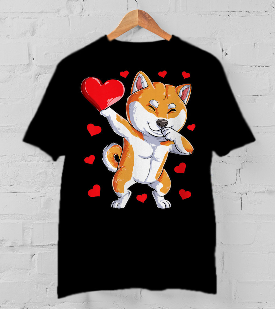 Dabbing Shiba Inu Holding Heart Valentines Day Dog Lover Boys T-Shirt