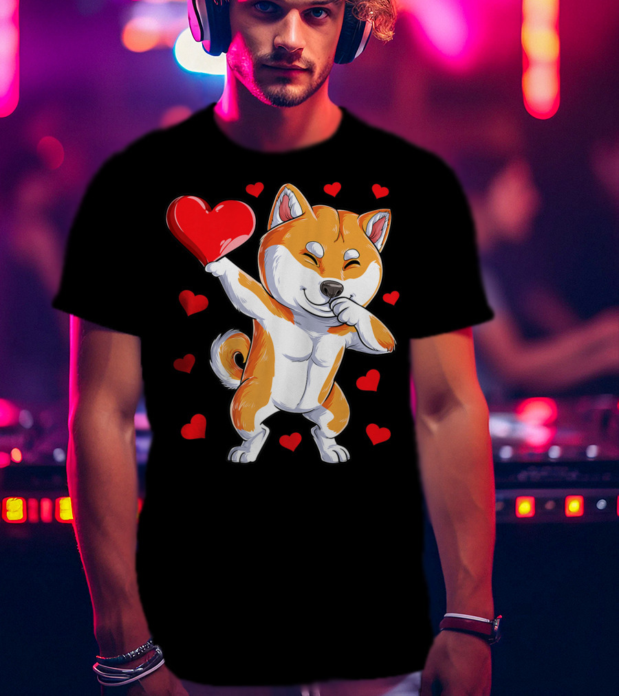 Dabbing Shiba Inu Holding Heart Valentines Day Dog Lover Boys T-Shirt