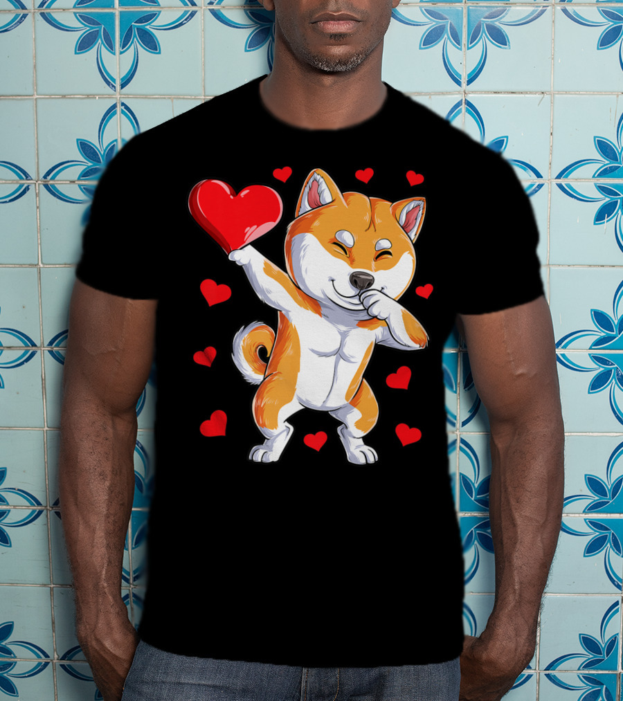 Dabbing Shiba Inu Holding Heart Valentines Day Dog Lover Boys T-Shirt