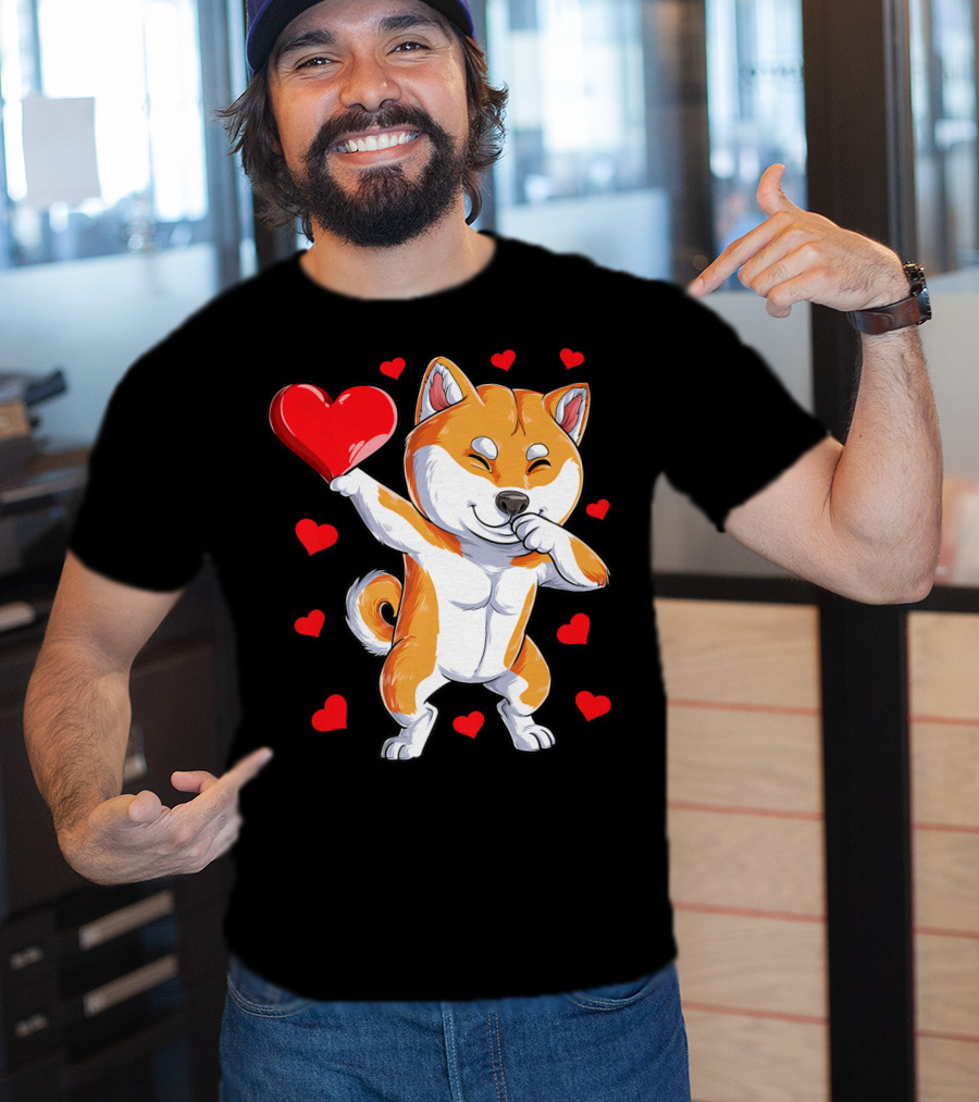 Dabbing Shiba Inu Holding Heart Valentines Day Dog Lover Boys T-Shirt
