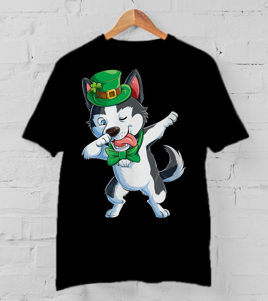 Siberian Husky Dabbing St Patricks Day Leprechaun Hat Bow Tie T-Shirt