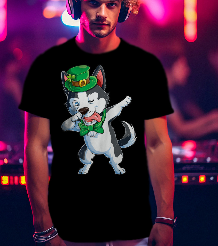 Siberian Husky Dabbing St Patricks Day Leprechaun Hat Bow Tie T-Shirt