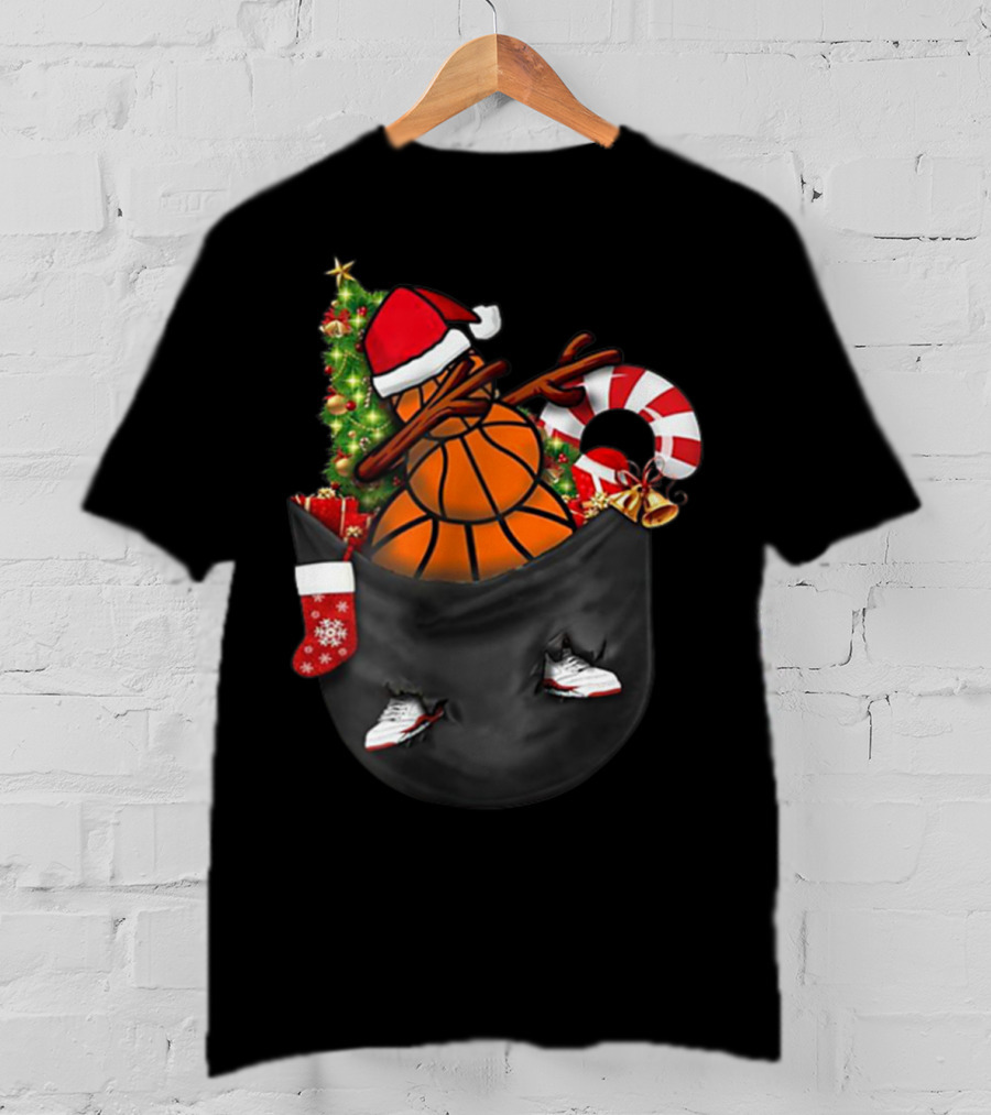 Dabbing Snowman Basketball Santa Hat Christmas Pocket T-Shirt