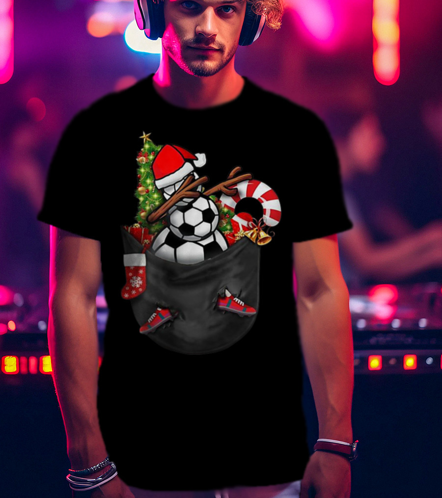 Dabbing Snowman With Soccer Ball And Christmas Decorations In Pocket T-Shirt