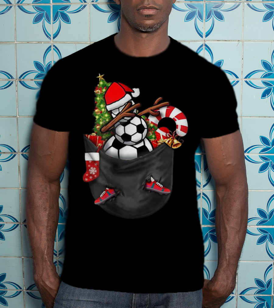 Dabbing Snowman With Soccer Ball And Christmas Decorations In Pocket T-Shirt