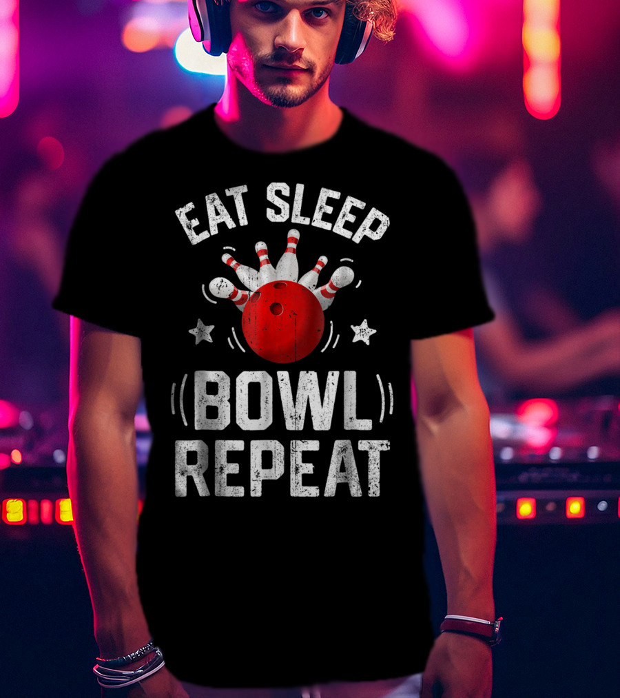 Eat Sleep Bowl Repeat Bowling Pins Stars Bowling Ball T-Shirt