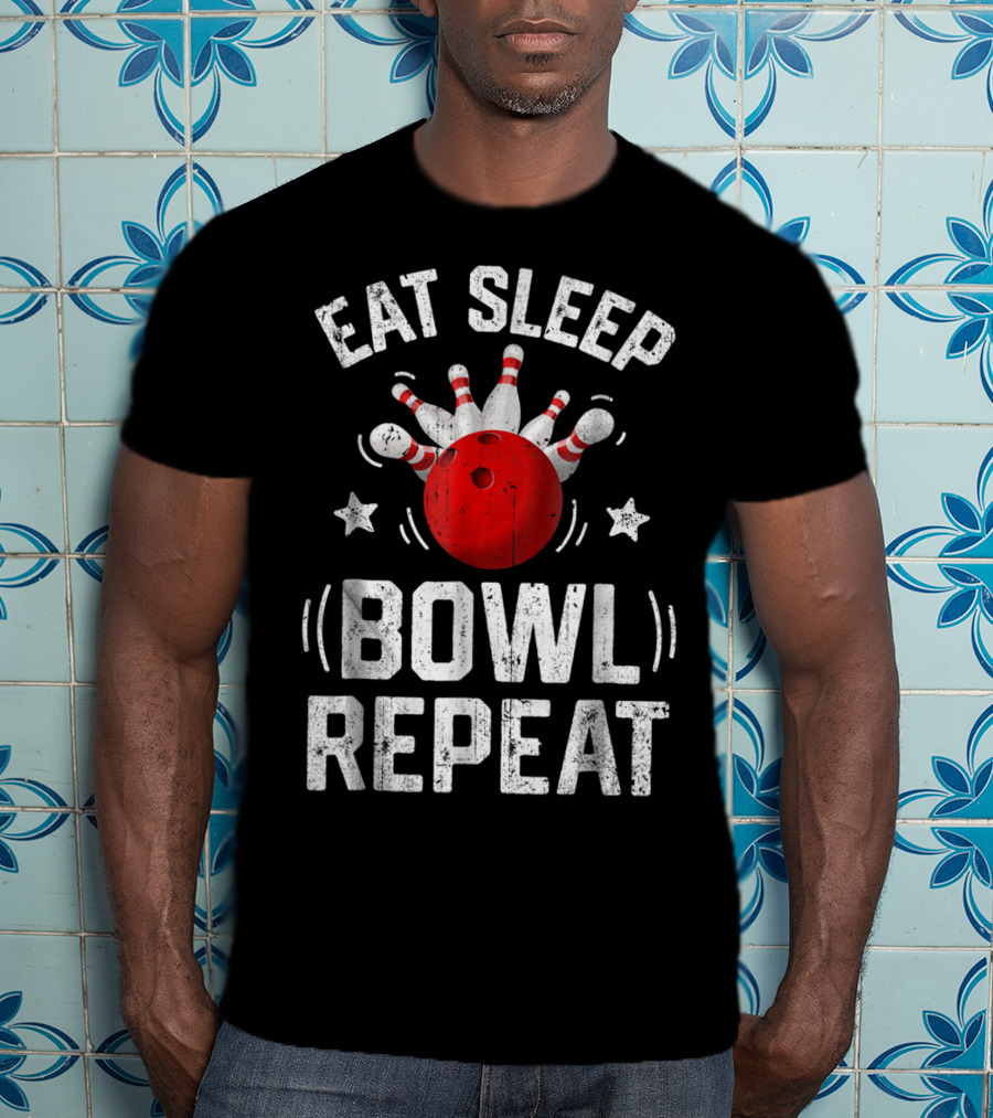 Eat Sleep Bowl Repeat Bowling Pins Stars Bowling Ball T-Shirt
