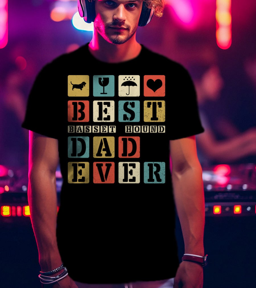 Best Basset Hound Dad Ever Vintage Style76 Retro Blocks T-Shirt