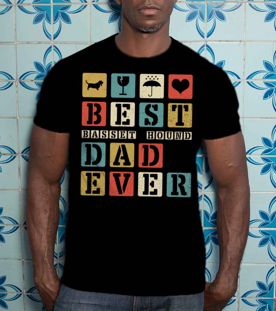 Best Basset Hound Dad Ever Vintage Style76 Retro Blocks T-Shirt