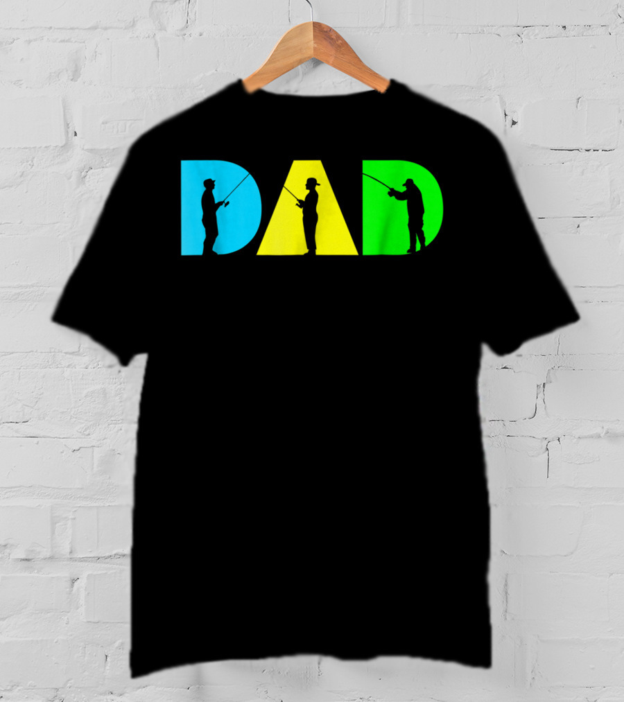 Funny Dad Fishing Silhouette Blue Yellow Green Design Father76 T-Shirt