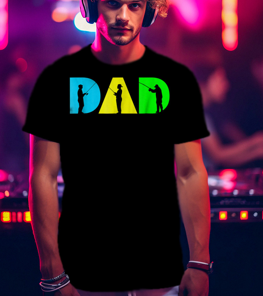 Funny Dad Fishing Silhouette Blue Yellow Green Design Father76 T-Shirt