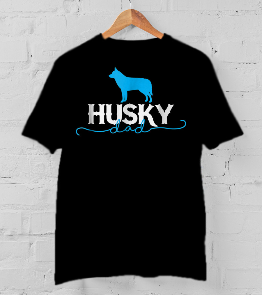 Husky Dad Dog Silhouette Blue And White T-Shirt
