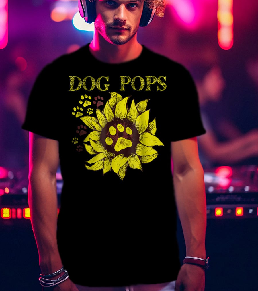 Dog Pops Sunflower Paw Prints Dog Dad T-Shirt