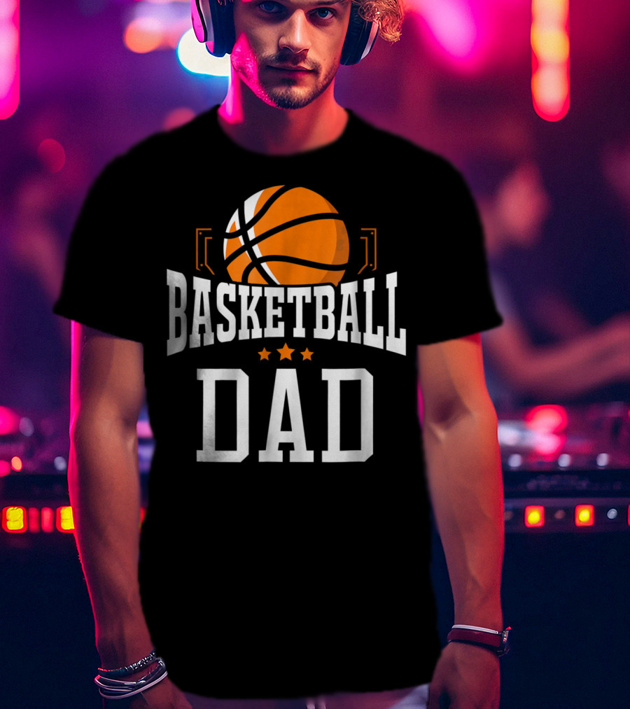 Basketball Dad With Orange Hoop Icon And Stars T-Shirt
