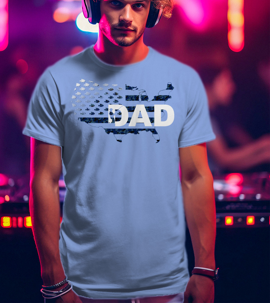 Dad Camouflage Flag Map USA Fish T-Shirt