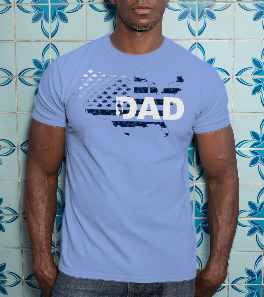 Dad Camouflage Flag Map USA Fish T-Shirt