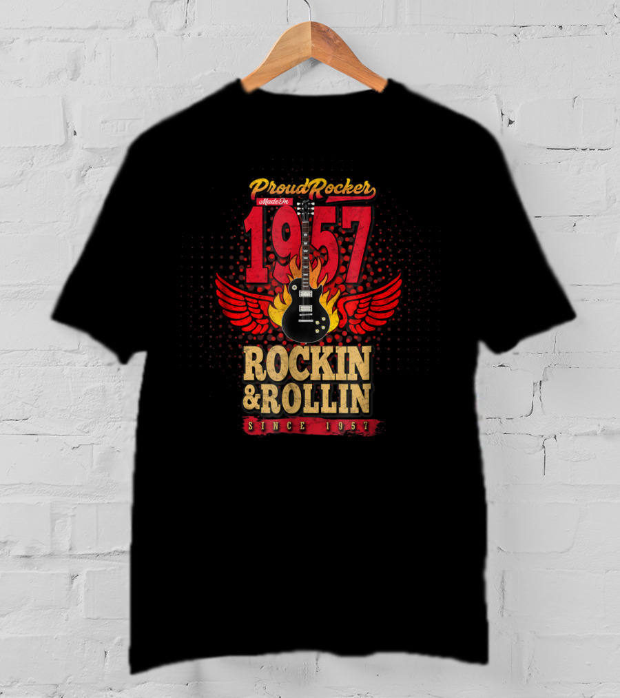 Proud Rocker Since 1957 Flaming Wing Guitar Rockin And Rollin T-Shirt