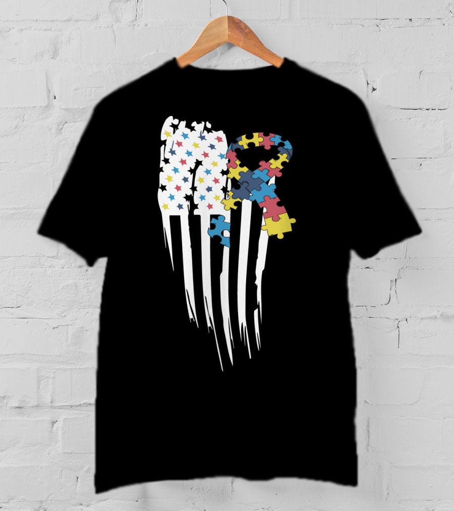 Autism Awareness Month Stars And Stripes Puzzle Ribbon Flag T-Shirt