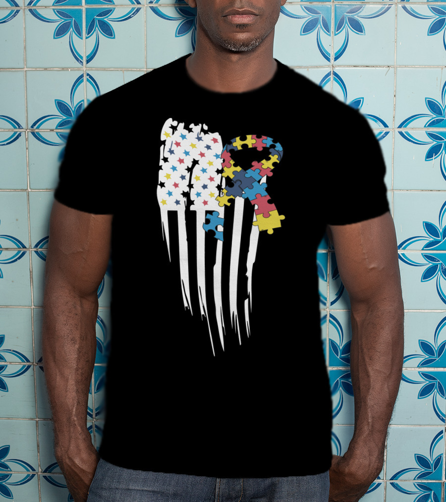 Autism Awareness Month Stars And Stripes Puzzle Ribbon Flag T-Shirt
