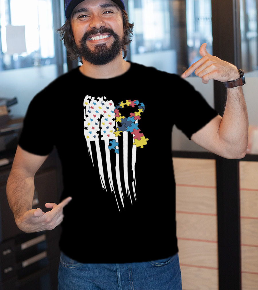 Autism Awareness Month Stars And Stripes Puzzle Ribbon Flag T-Shirt