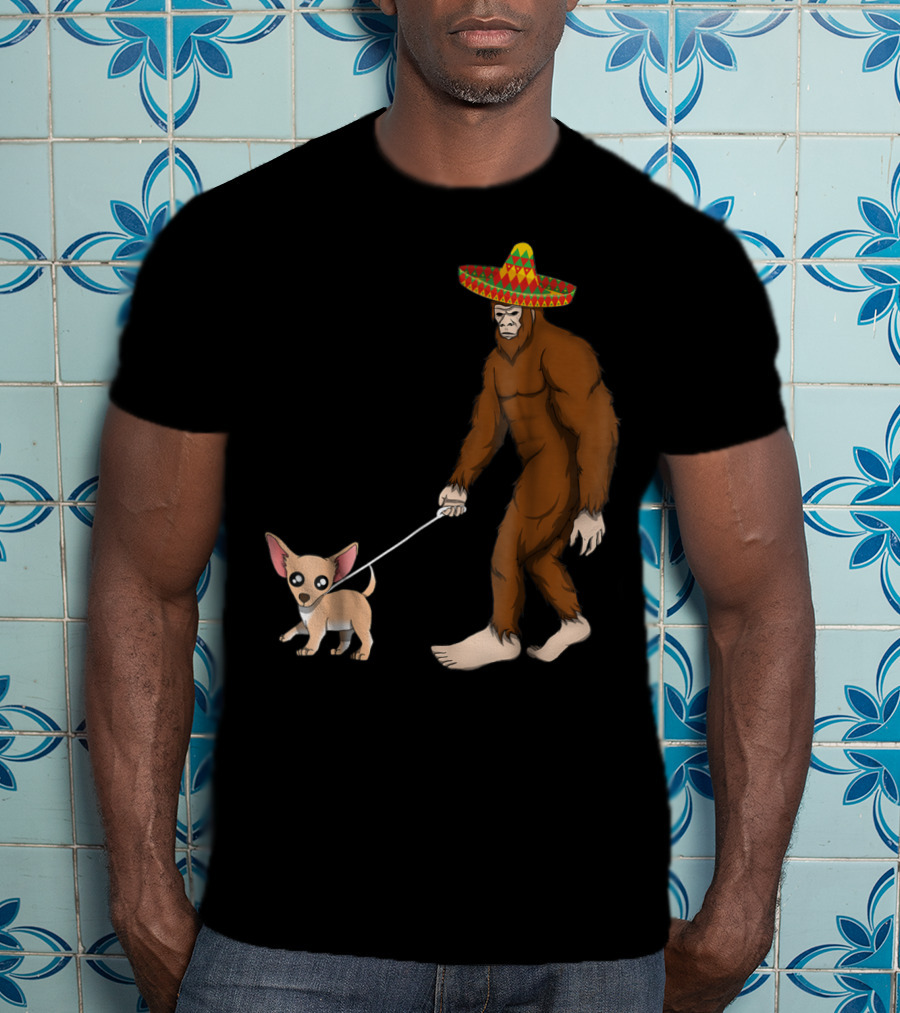 Bigfoot Sombrero Walking Chihuahua Cinco De Mayo T-Shirt