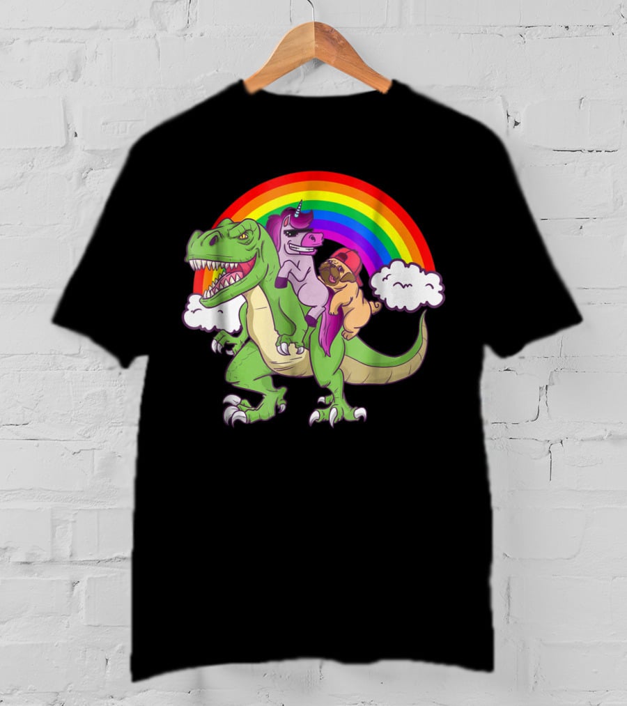 Dinosaur Unicorn Pug Dog Lovers Rainbow Adventure T-Shirt