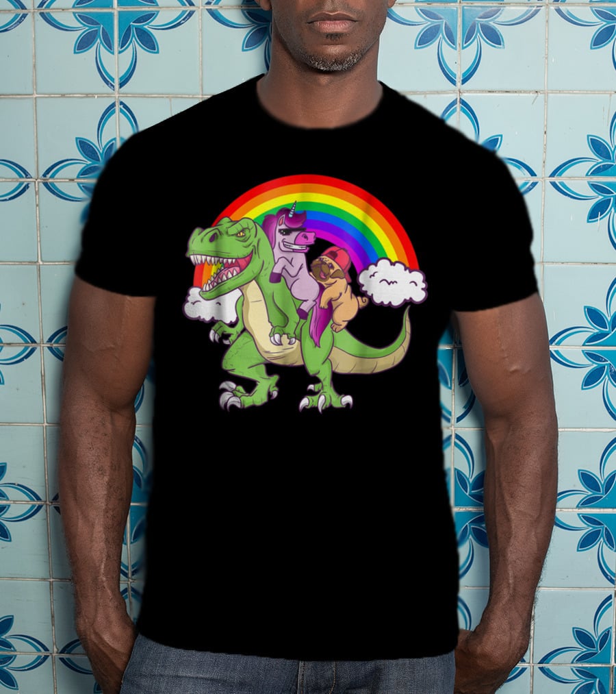 Dinosaur Unicorn Pug Dog Lovers Rainbow Adventure T-Shirt