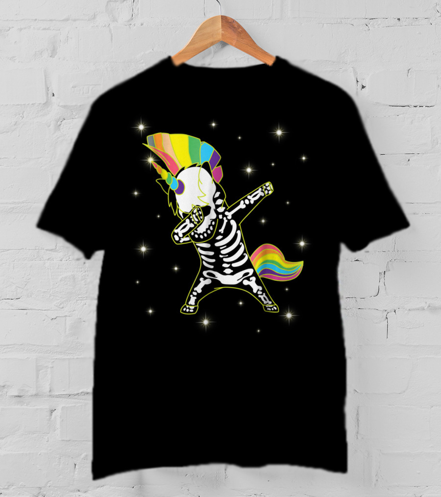 Dabbing Unicorn Skeleton Dad Hip Hop Xray Rainbow Mane Tail Starry Background T-Shirt