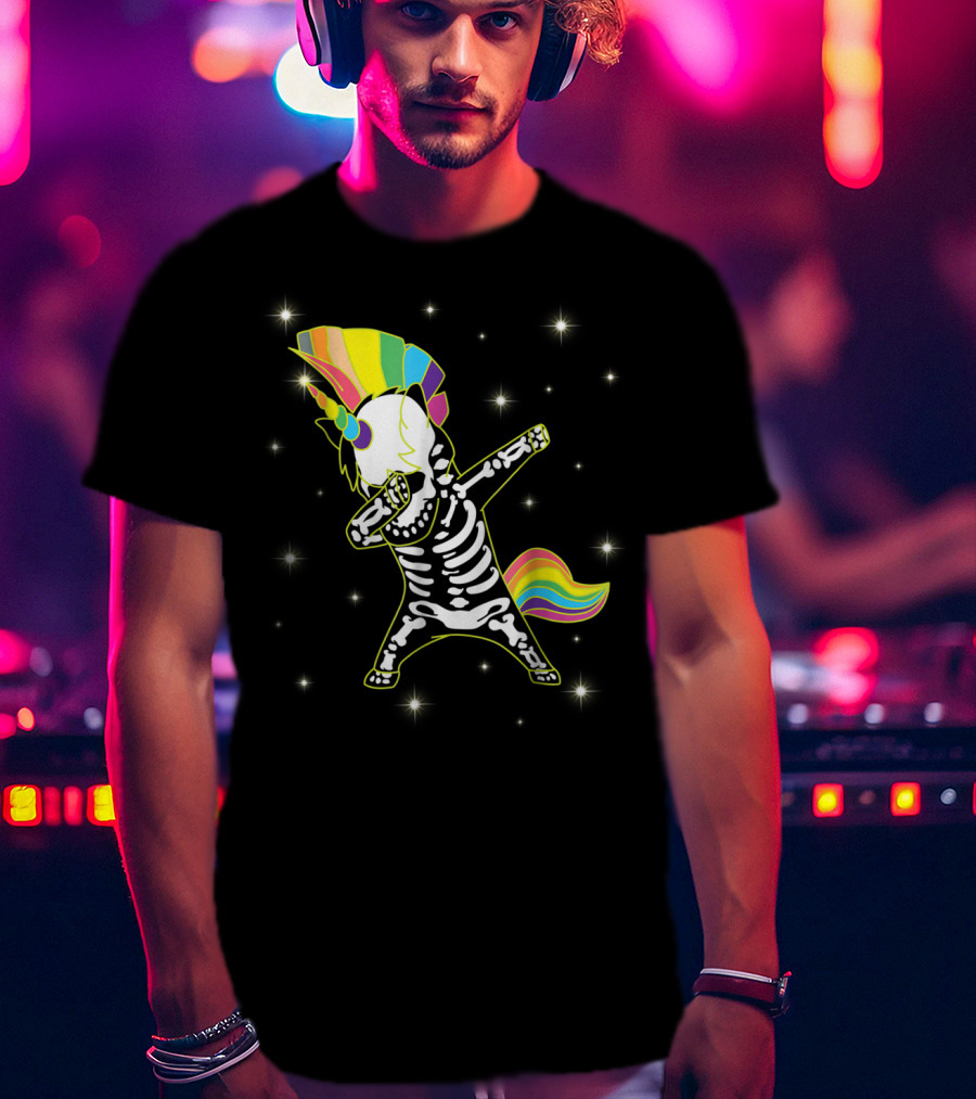 Dabbing Unicorn Skeleton Dad Hip Hop Xray Rainbow Mane Tail Starry Background T-Shirt